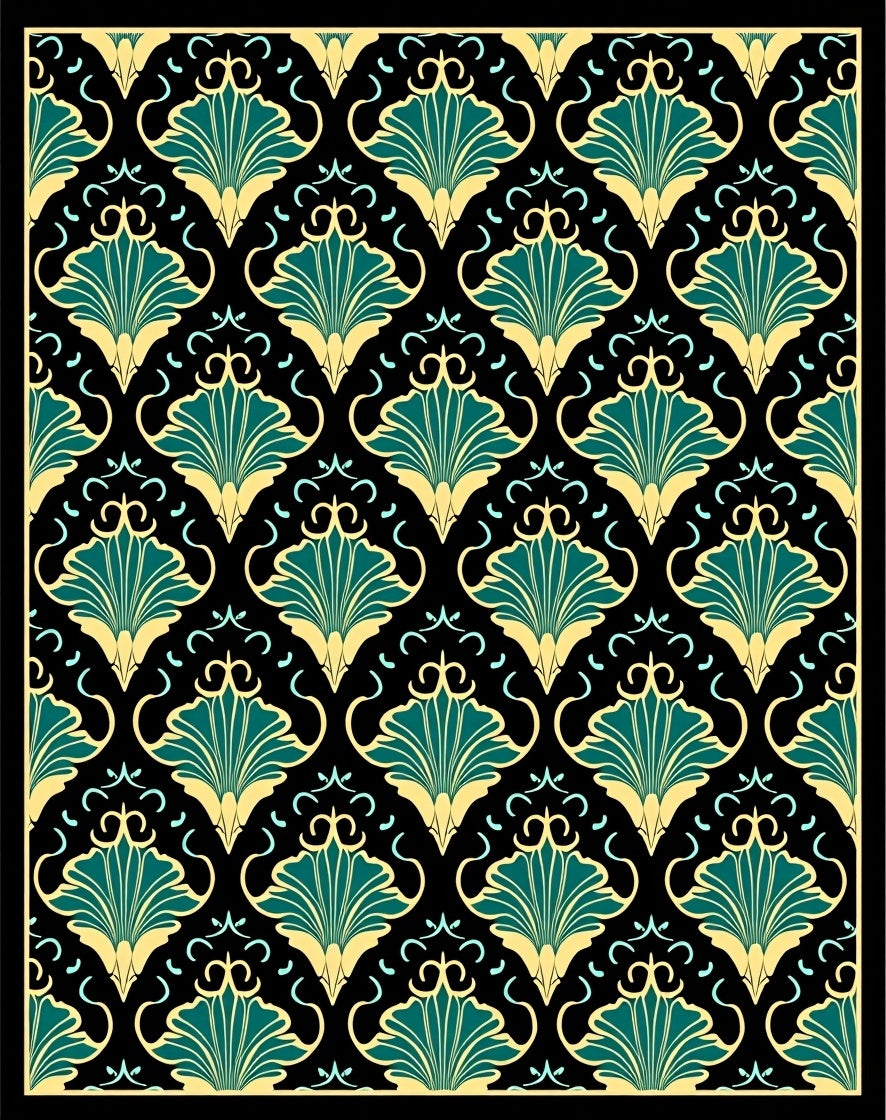Art Nouveau Teal Gold Floral Pattern Rug
