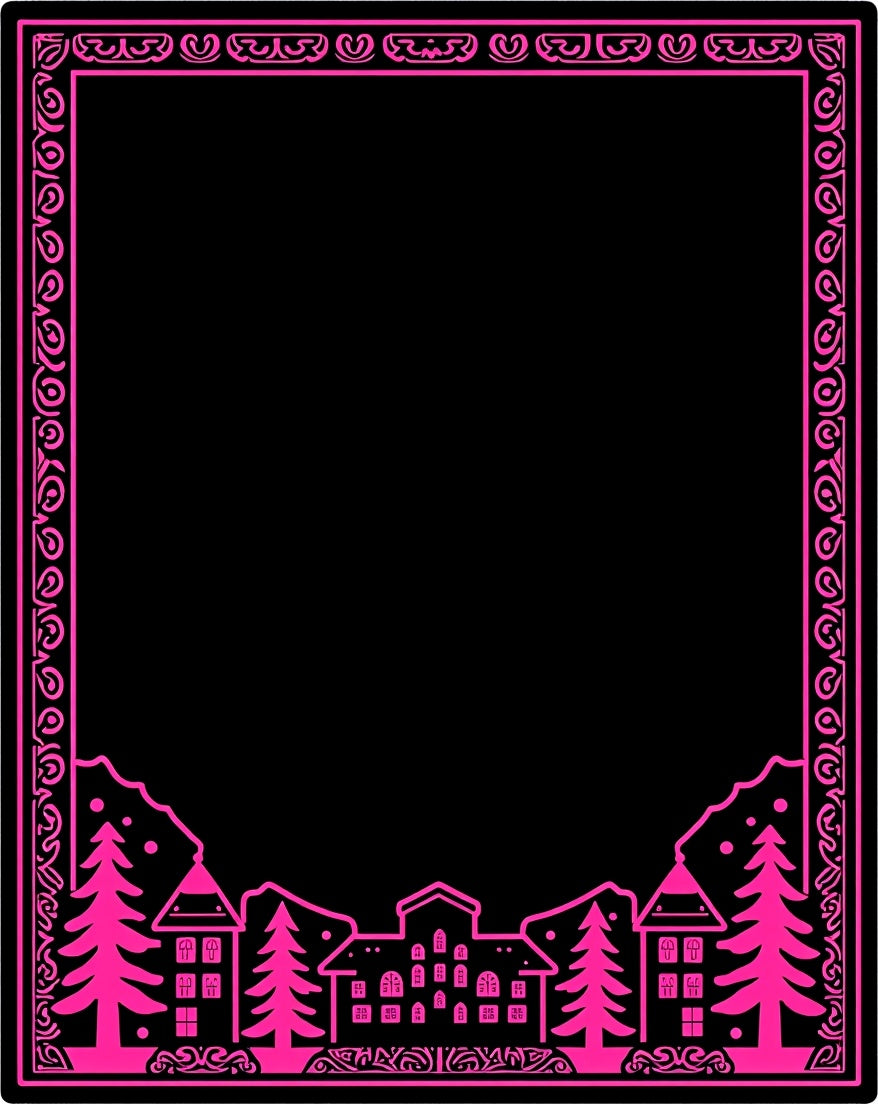 Vibrant Pink Village Mountain Border Rug