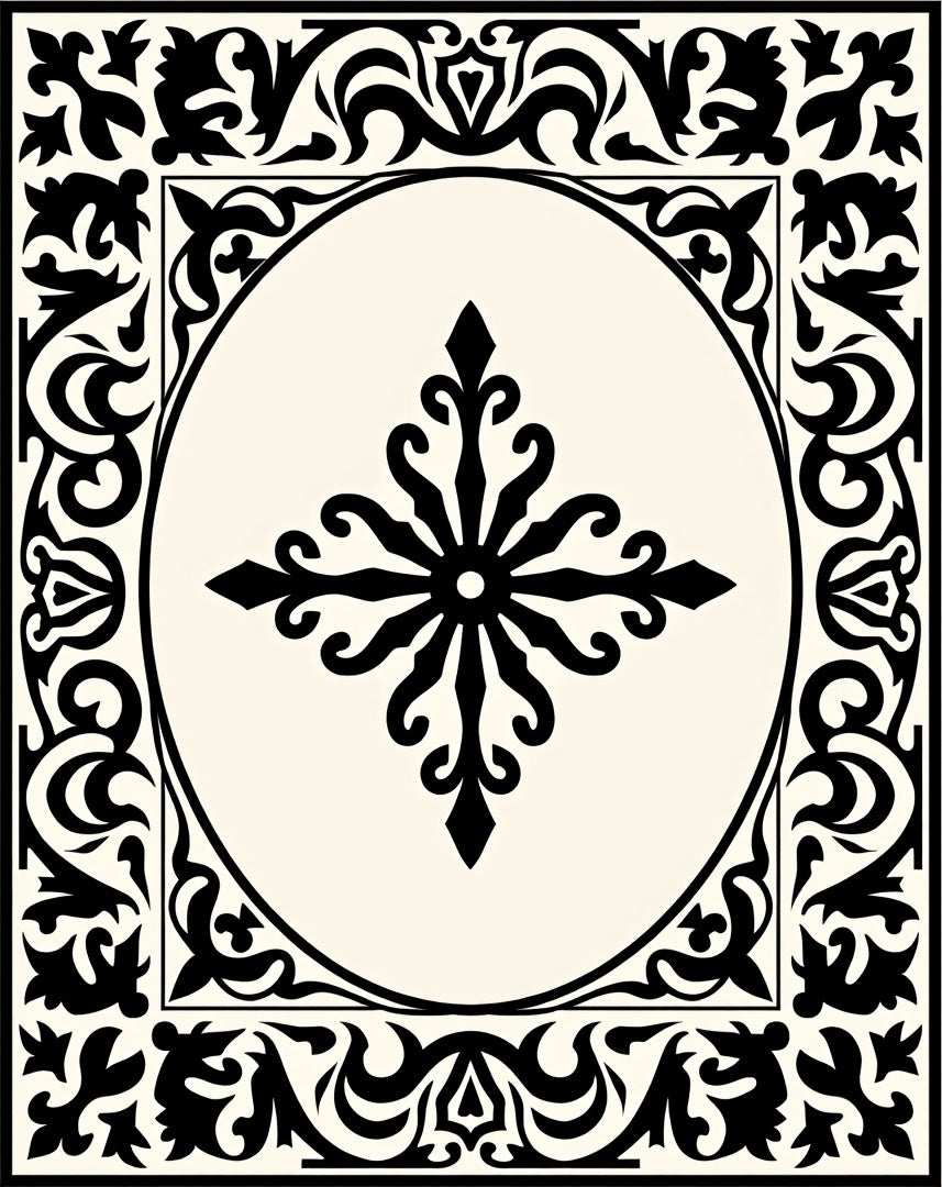 Ornate Black Ivory Floral Medallion Rug