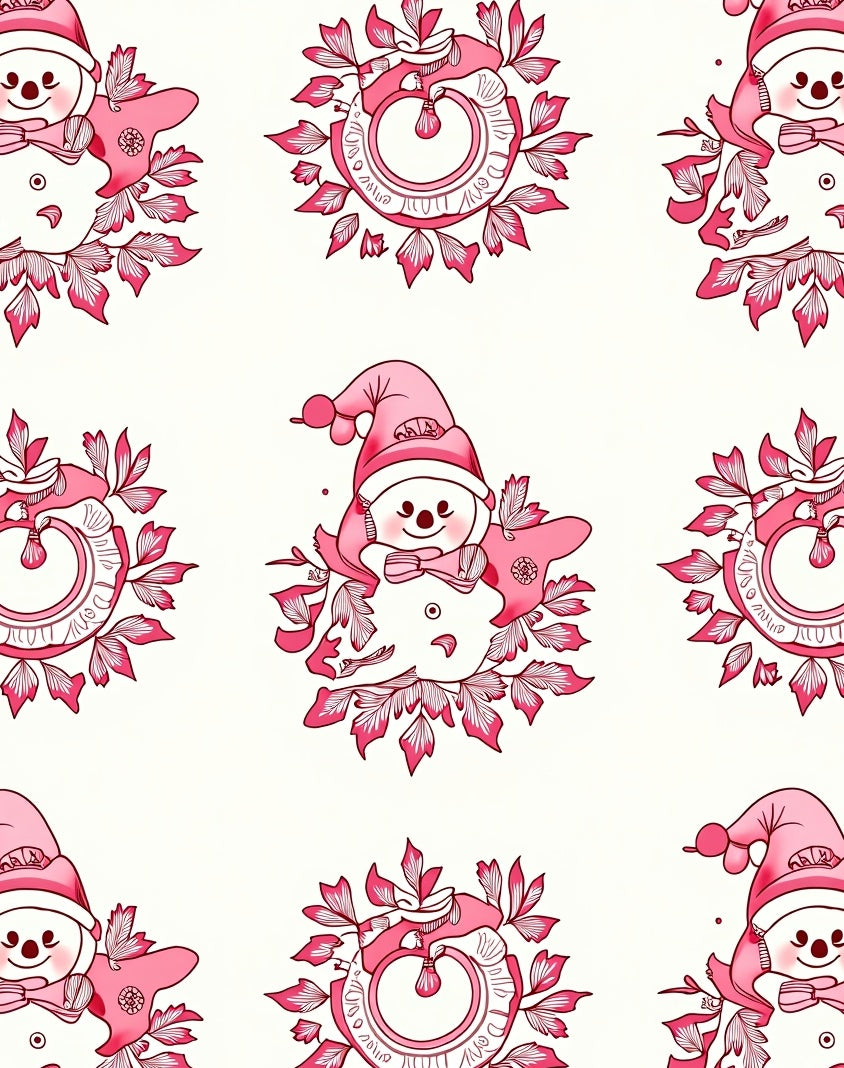 Pink Cartoon Snowman Foliage Medallion Rug