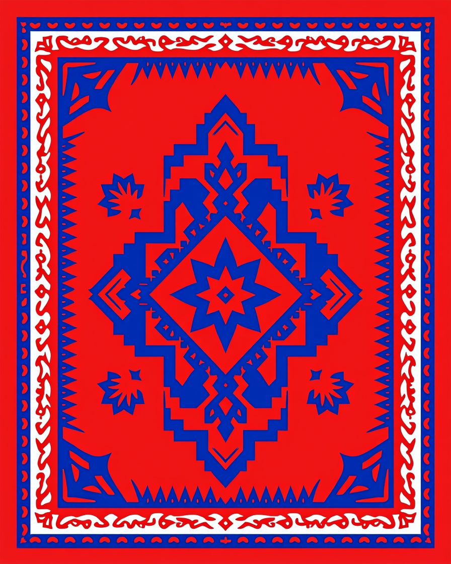 Bold Red Blue Geometric Medallion Design Rug