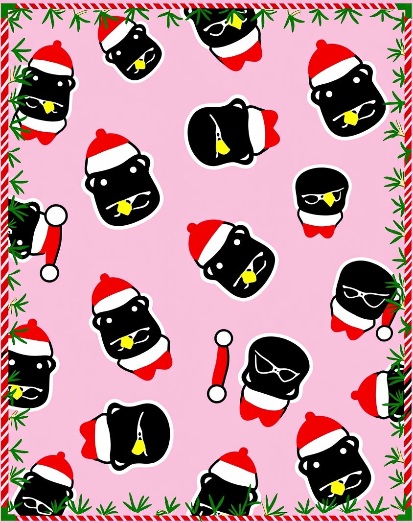Pink Festive Penguin Holiday Collage Rug