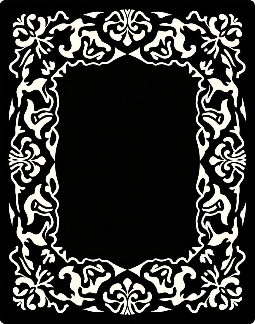 Ornate Black White Floral Border Rug