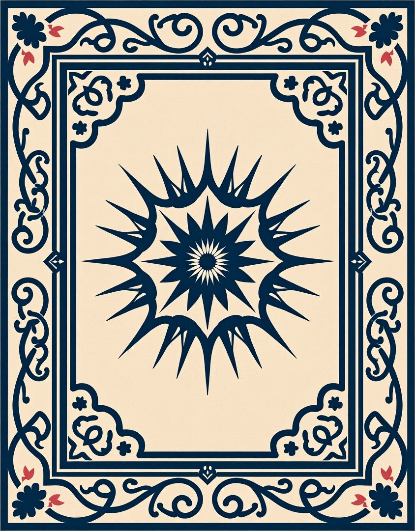 Navy Sun Burst Floral Border Rug