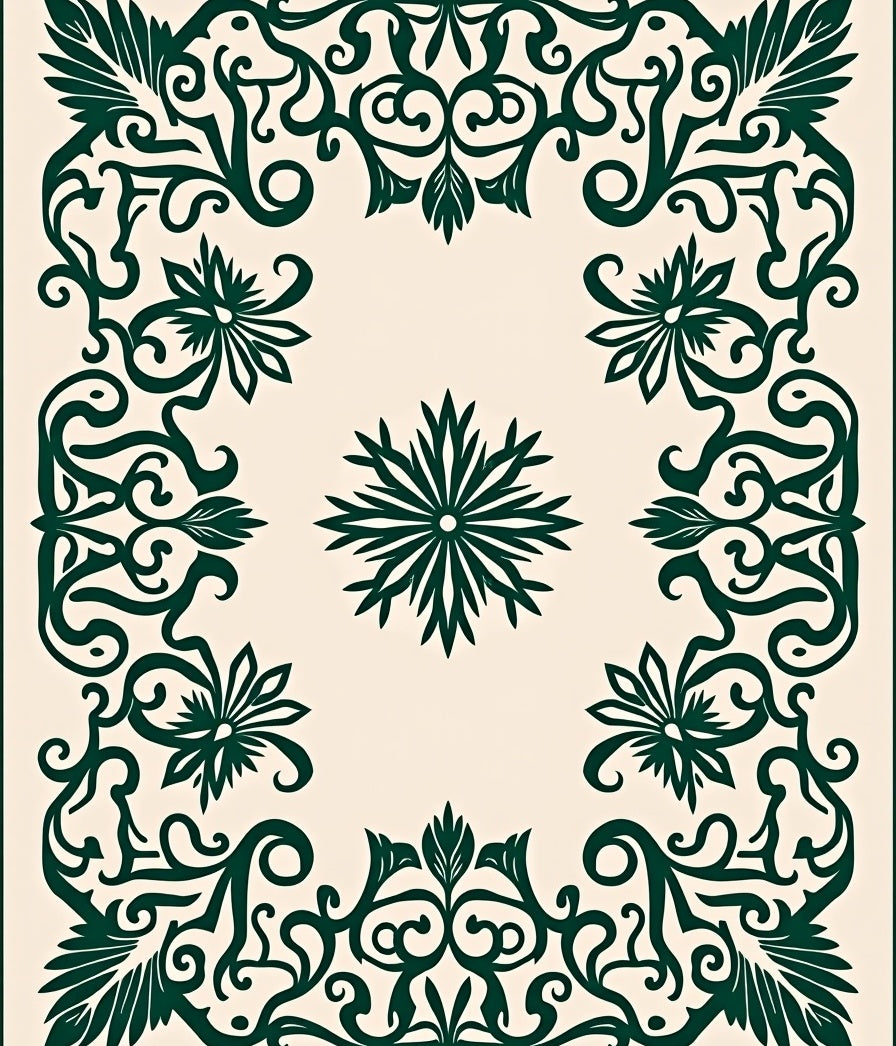 Ornate Green Floral Filigree Pattern Rug