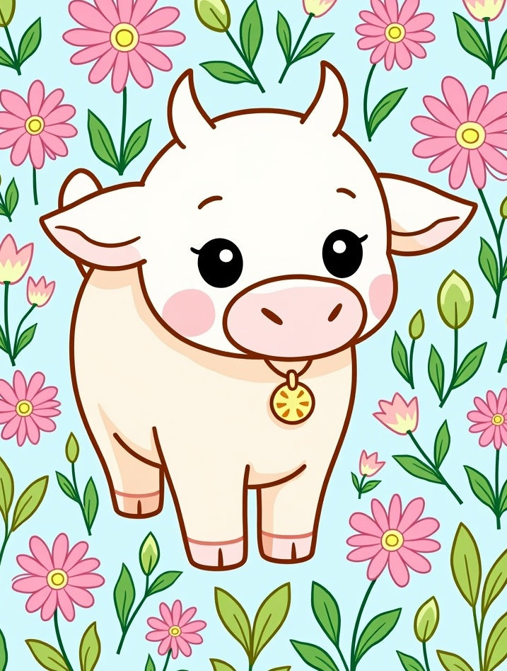 Cute Cow with Pink Floral Garden Rug