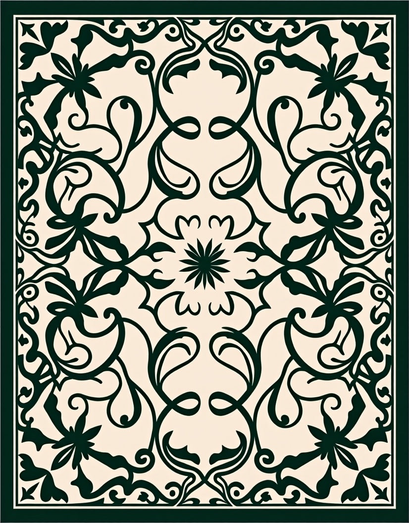 Ornate Dark Green Floral Scrollwork Design Rug