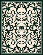 Ornate Dark Green Floral Scrollwork Design Rug