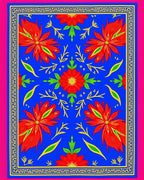 Vibrant Red Floral Blue Geometric Frame Rug