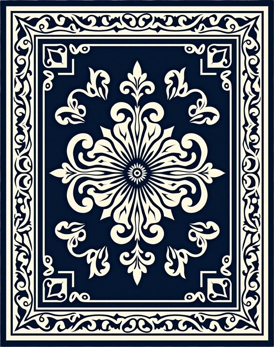 Ornate Cream Floral Navy Blue Accent Rug