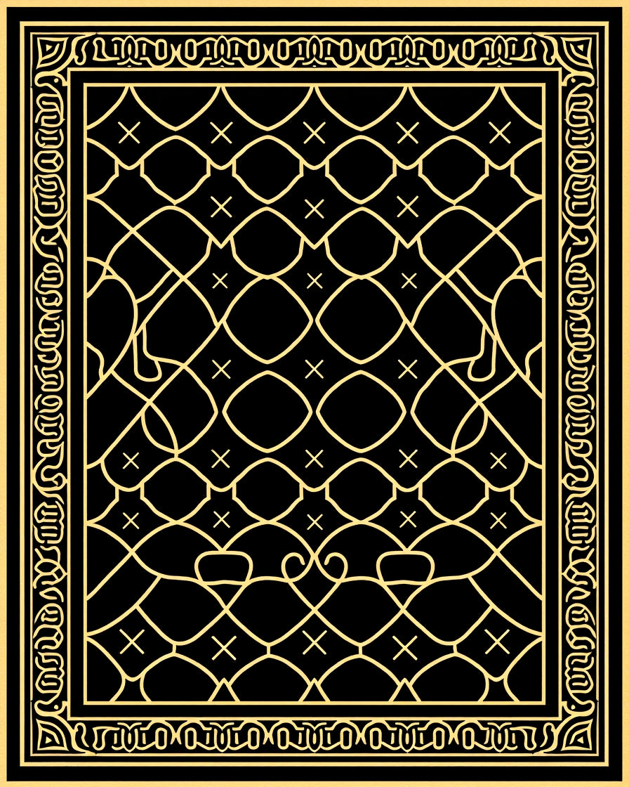 Intricate Geometric Black Gold Patterned Rug
