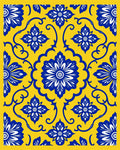 Vibrant Blue Yellow Floral Tile Pattern Rug