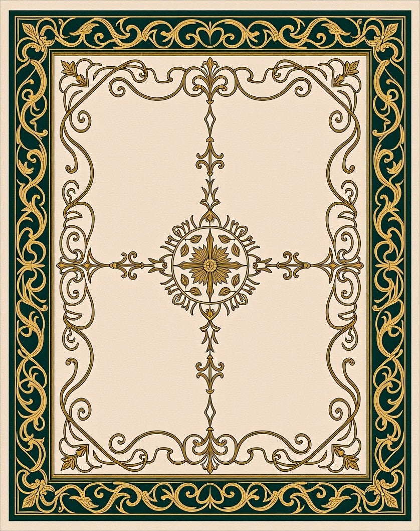 Ornate Gold Dark Green Scrollwork Rug