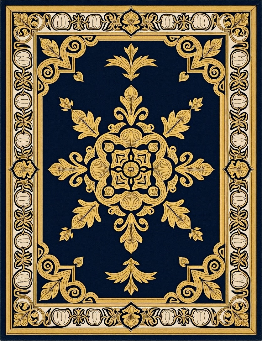 Ornate Gold Navy Floral Medallion Rug