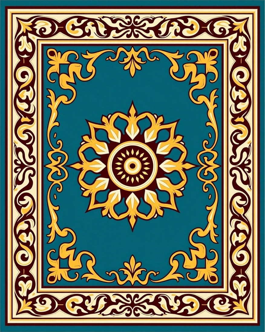 Classic Teal Medallion Scrollwork Pattern Rug