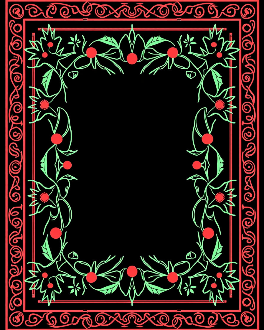 Coral Green Floral Vines Border Rug