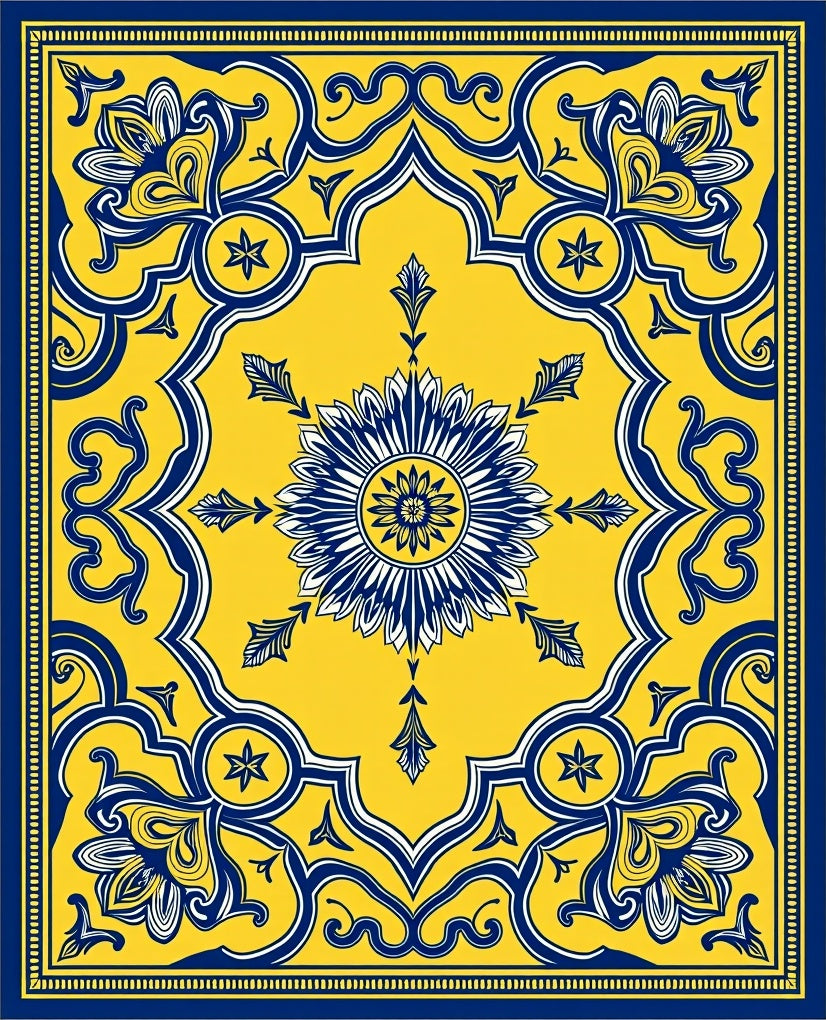 Ornate Yellow And Blue Floral Pattern Rug
