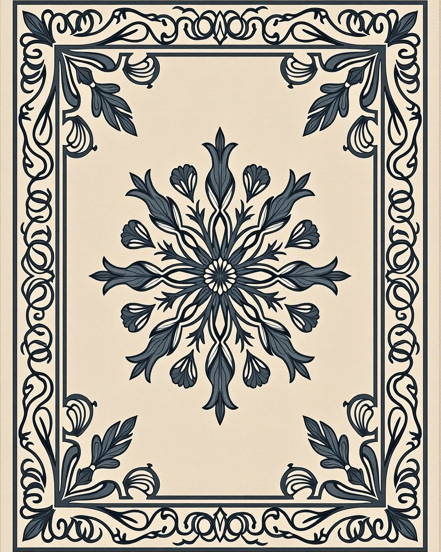 Ornate Floral Medallion Dark Blue Ivory Rug