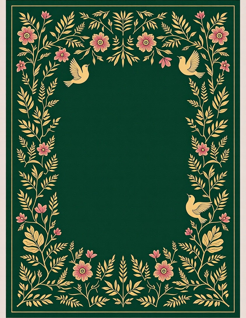 Golden Floral Birds on Green Rug
