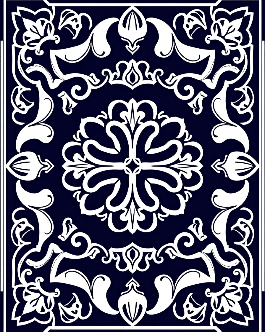 Ornate Floral Patterned Indigo Rug