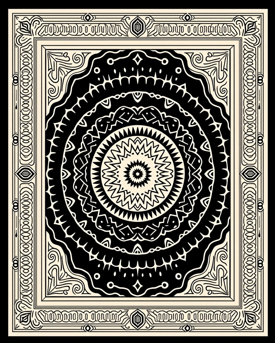 Intricate Radial Black Ivory Pattern Rug