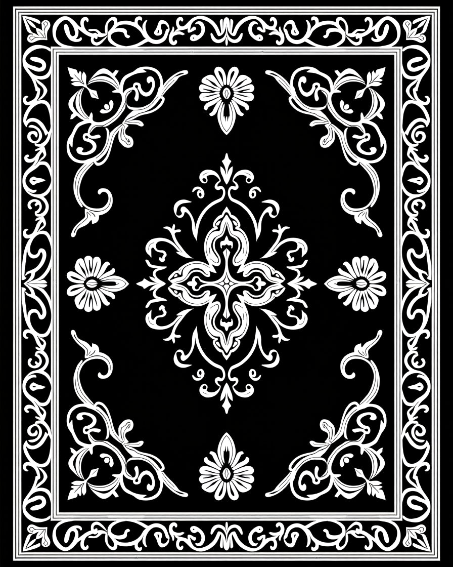 Ornate Black White Floral Scroll Rug