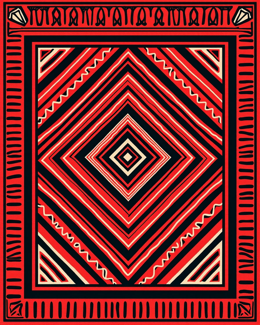Red Black Geometric Zigzag Diamond Rug