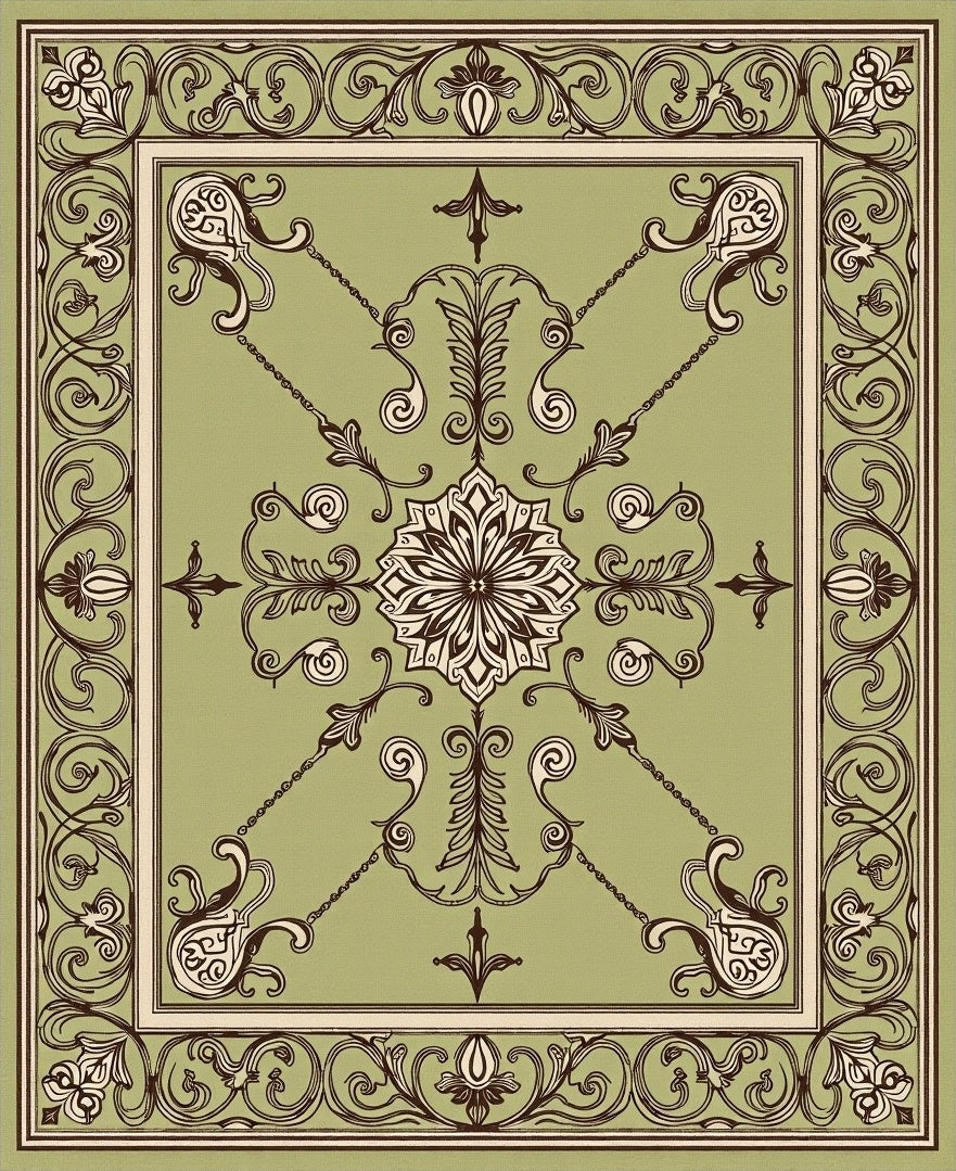Olive Green Floral Scrollwork Design Rug