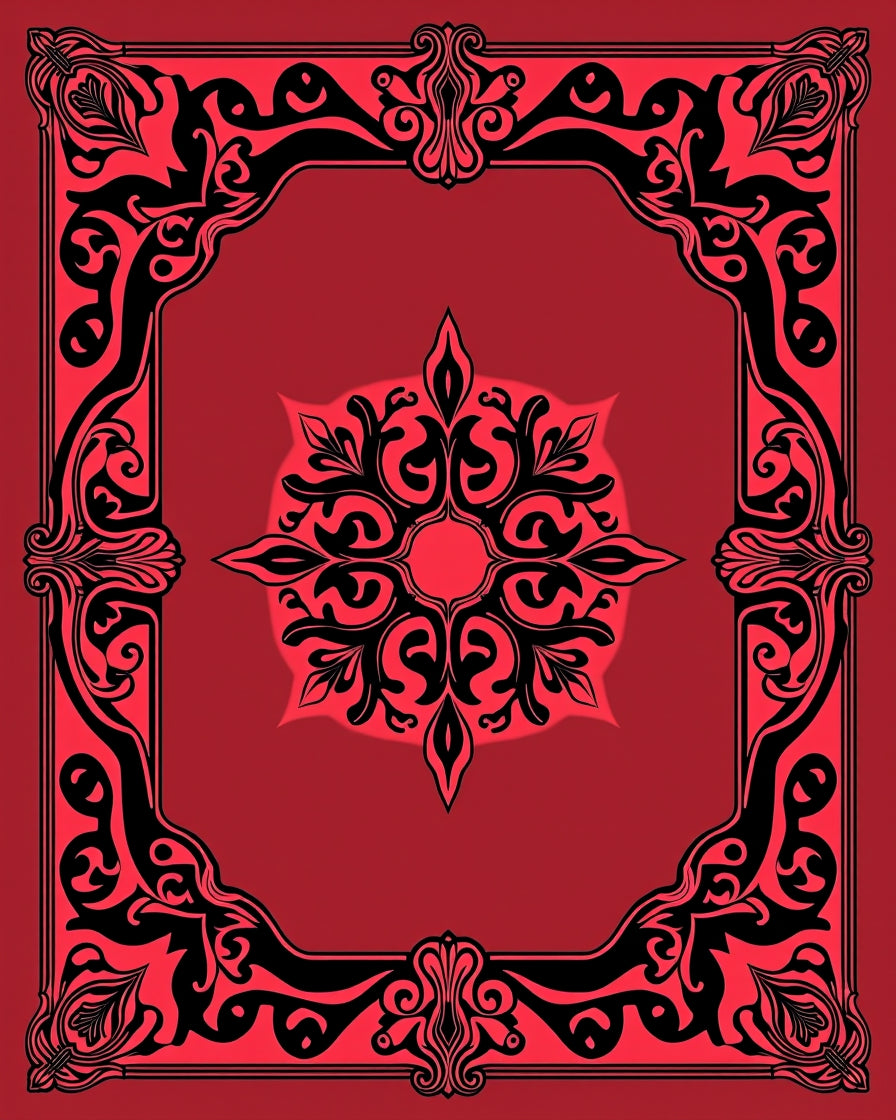 Elegant Black Floral Frame Red Print Rug
