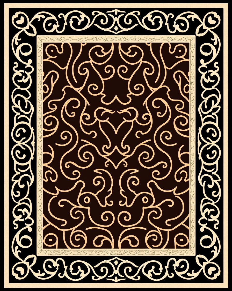 Ornate Scrollwork Black Beige Design Rug