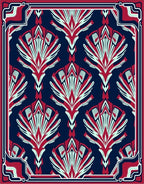 Decorative Fan Pattern Navy Red Rug