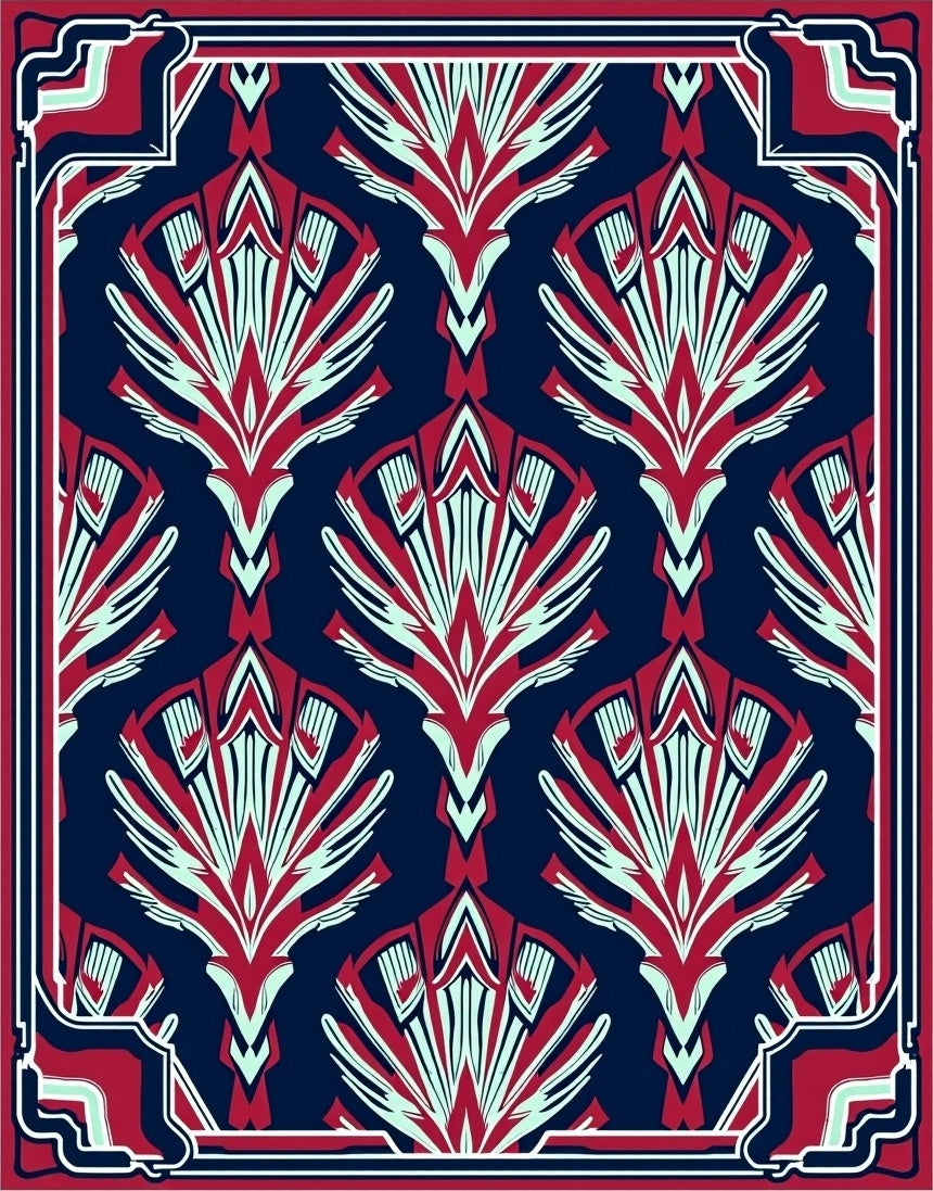 Decorative Fan Pattern Navy Red Rug