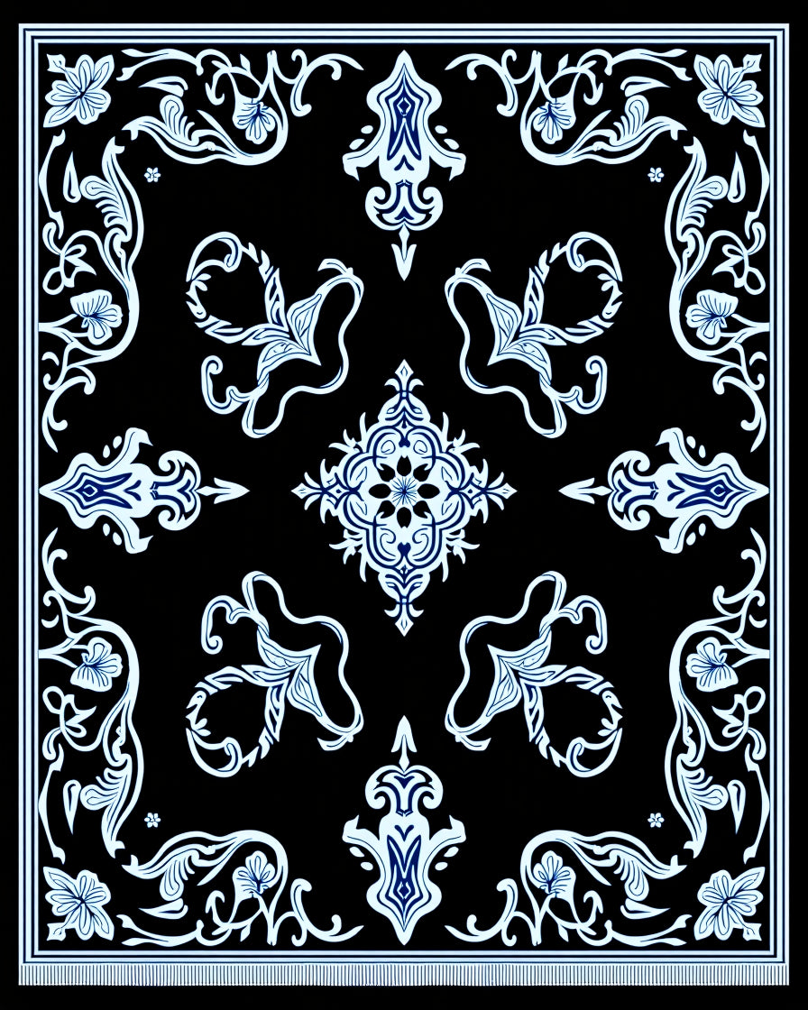 Elegant Blue Floral Medallion Black Rug