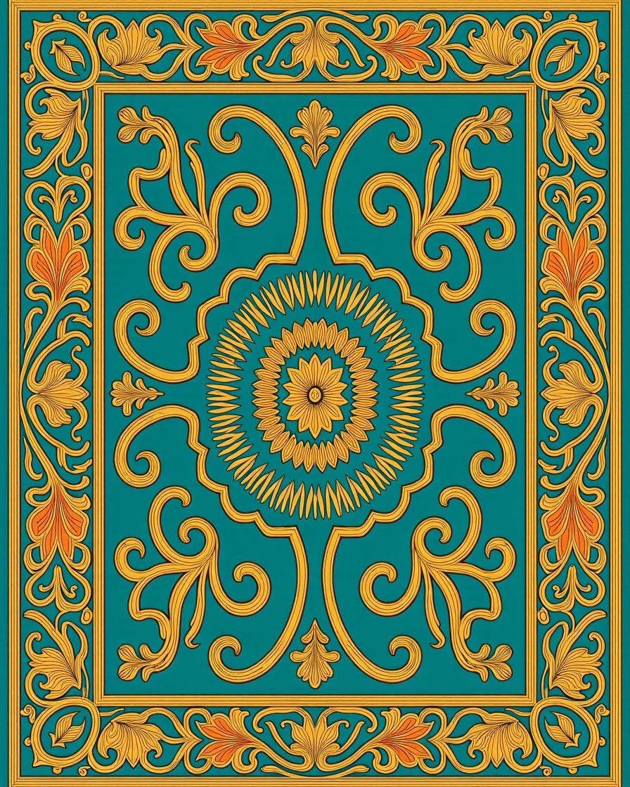 Teal Gold Intricate Floral Medallion Design Rug