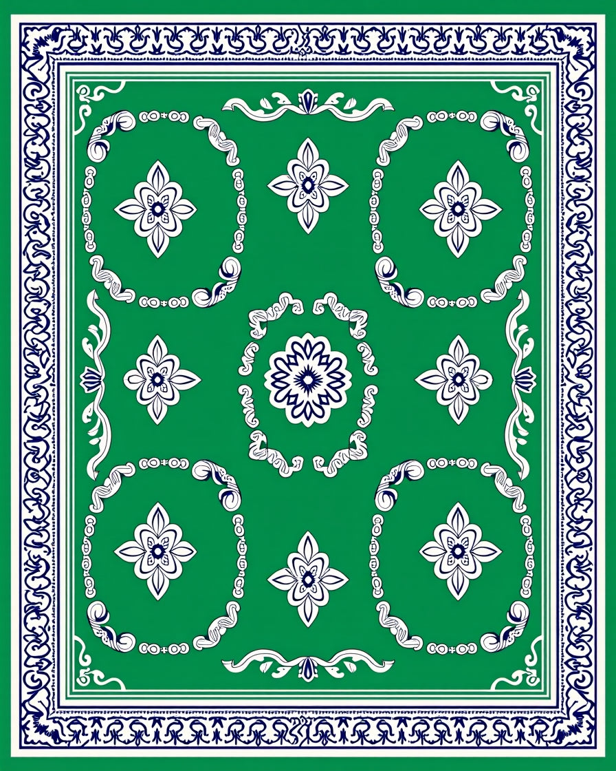 Green Floral Medallion Border Design Rug