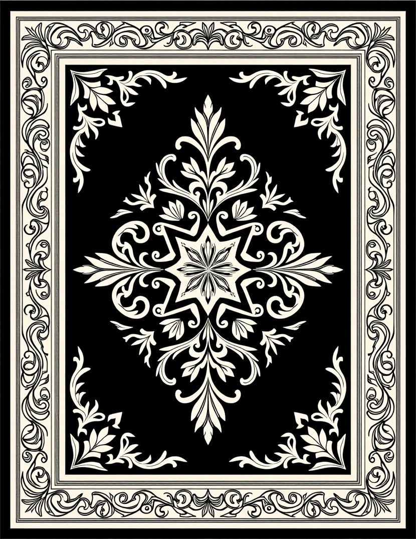 Classic Black White Floral Medallion Design Rug