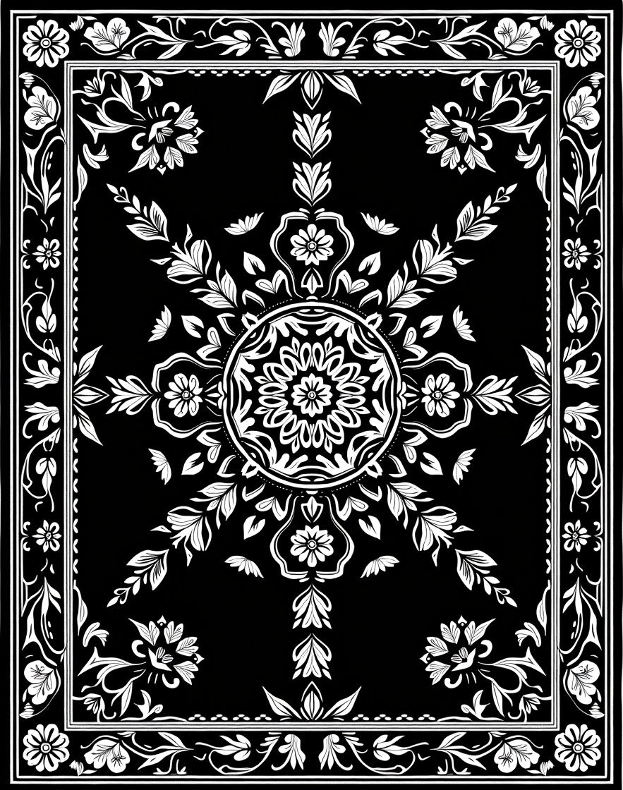 Classic Black White Floral Medallion Rug