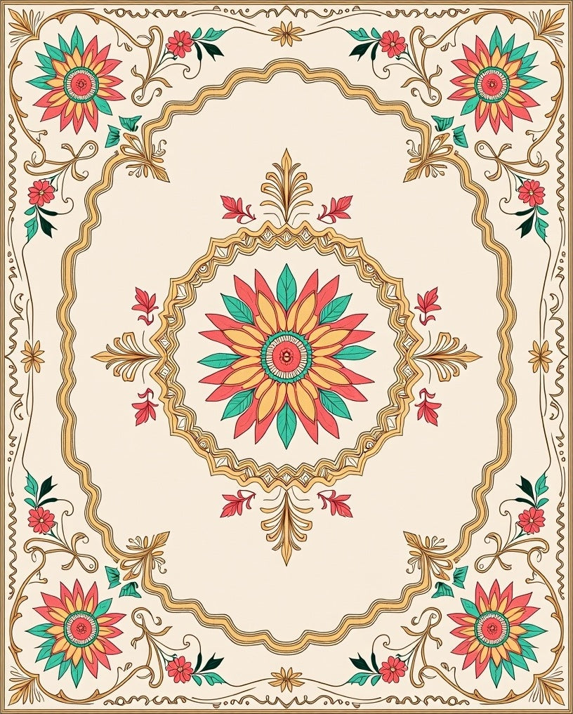 Ornate Floral Medallion Border Design Rug