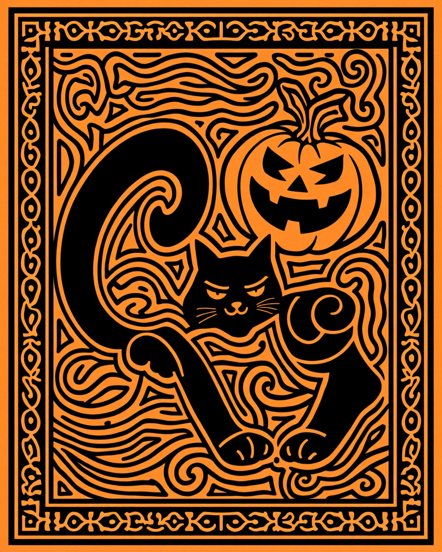 Spooky Black Cat Pumpkin Whimsical Swirls Rug