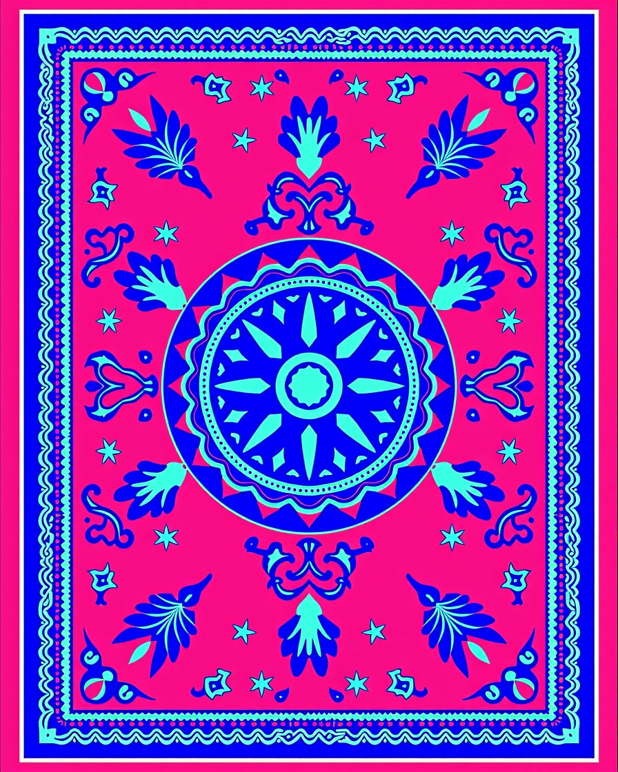 Vibrant Pink Blue Mandala Folk Rug