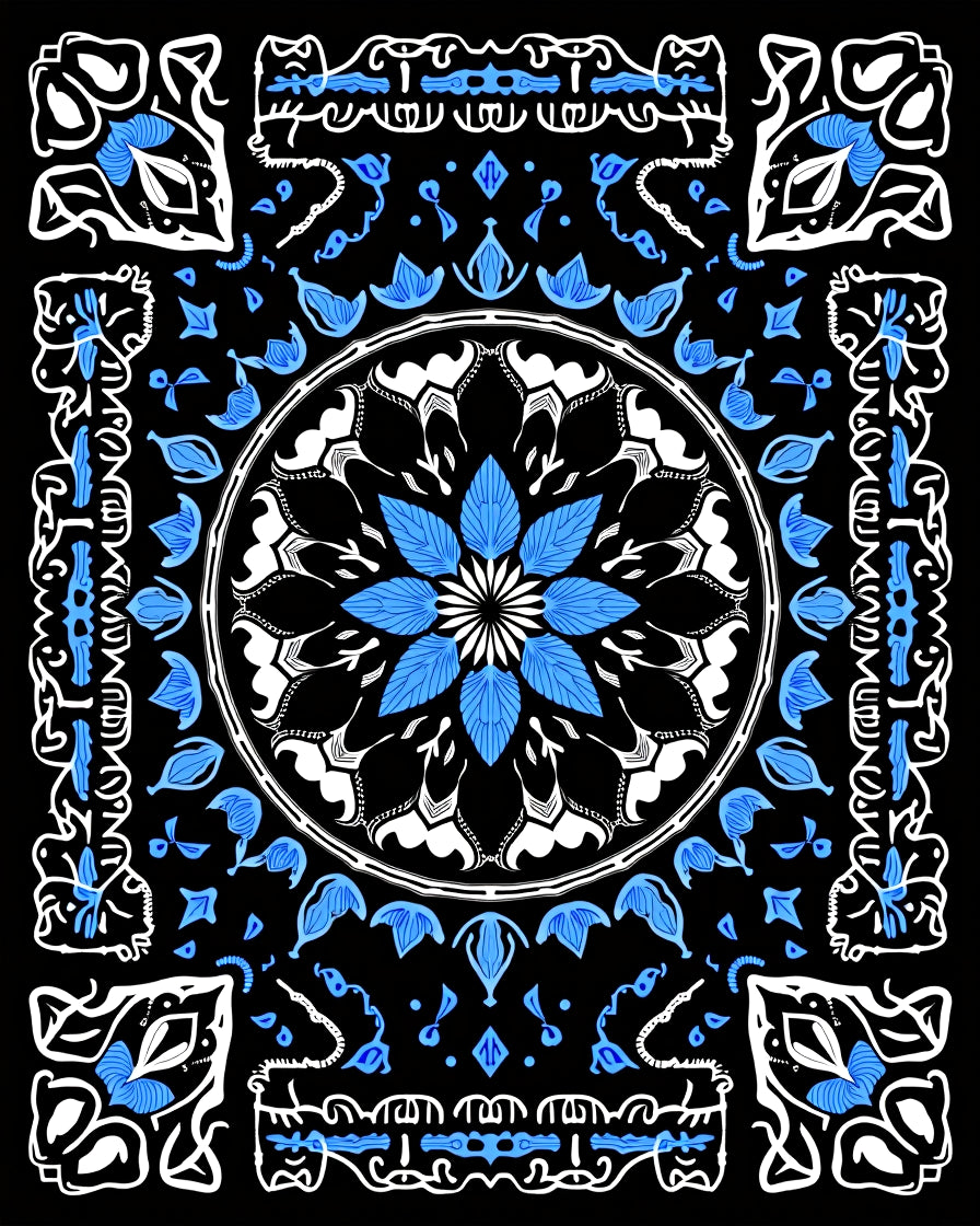 Monochromatic Blue Floral Mandala Design Rug