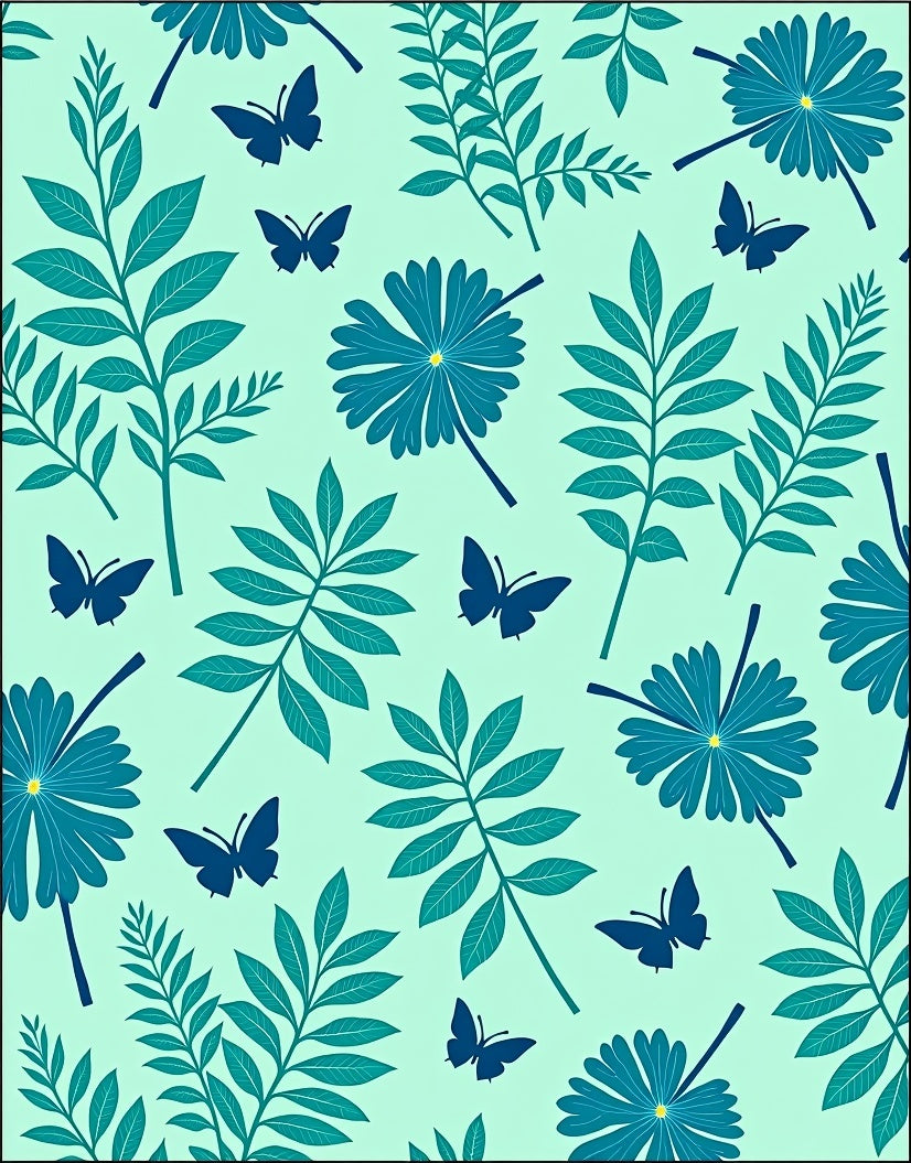 Teal Flora And Butterfly Pattern Rug