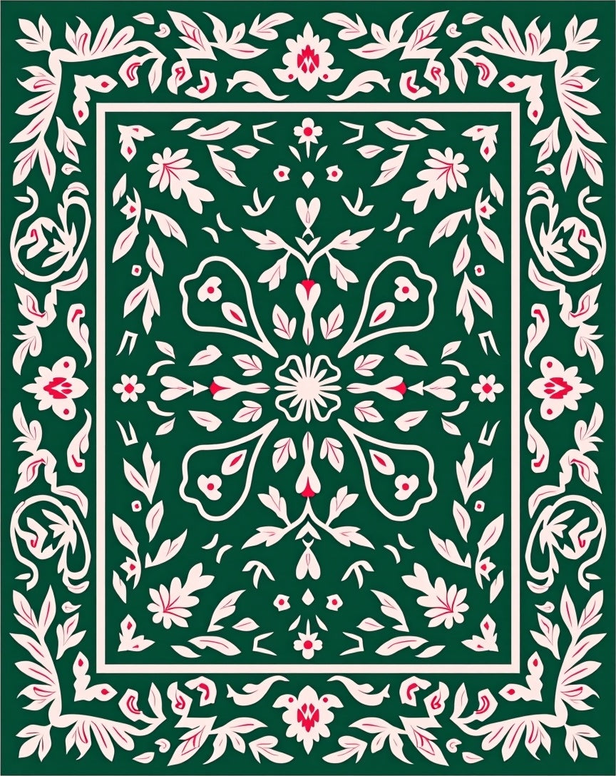 Floral Bordered Emerald Print Design Rug
