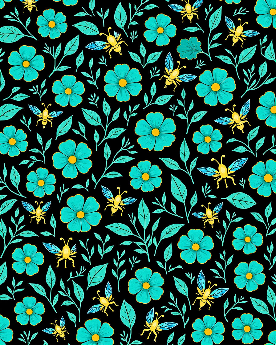 Teal Floral Insect Print Rug