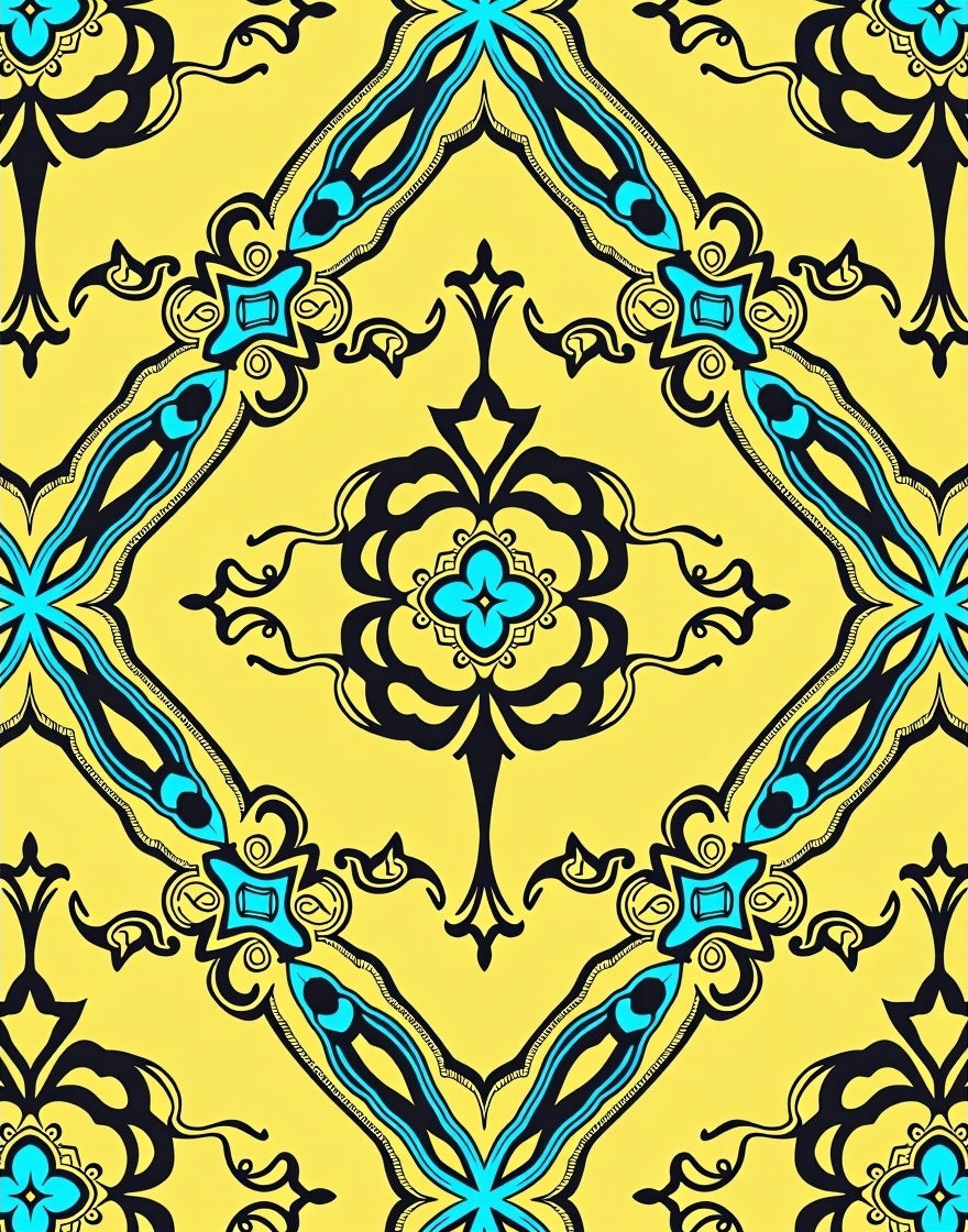 Vibrant Yellow Teal Abstract Symmetry Rug