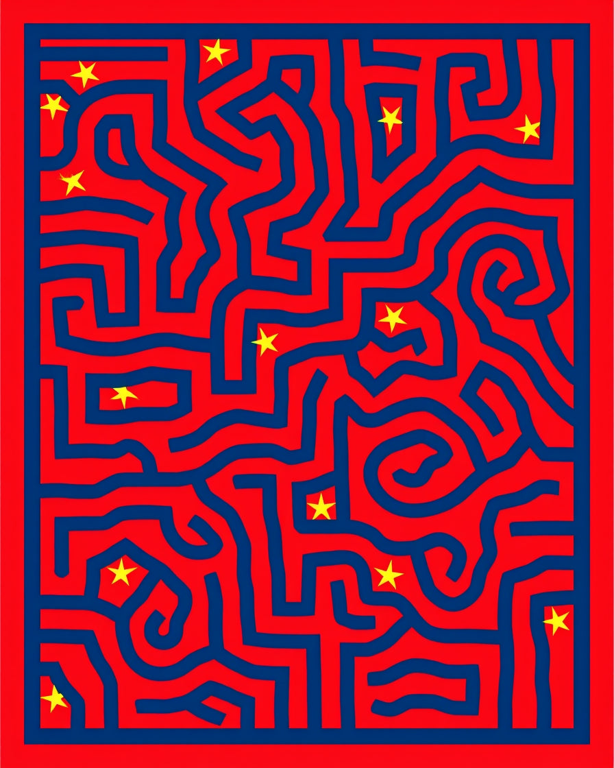 Red Blue Maze With Yellow Stars Rug