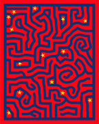 Red Blue Maze With Yellow Stars Rug