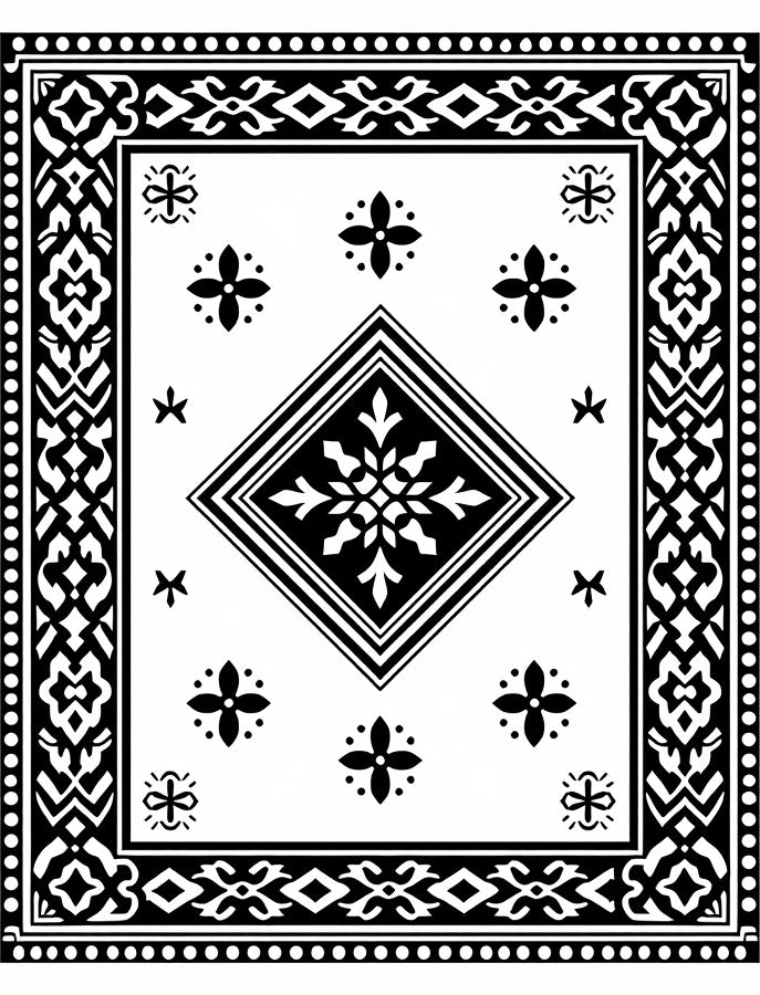 Traditional Black and White Geometric Design Rug