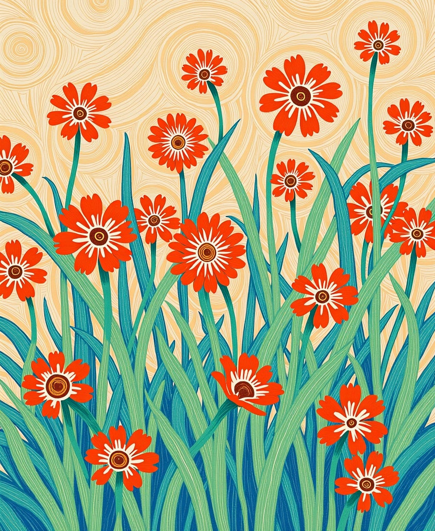 Whimsical Orange Flowers In Green Field Rug
