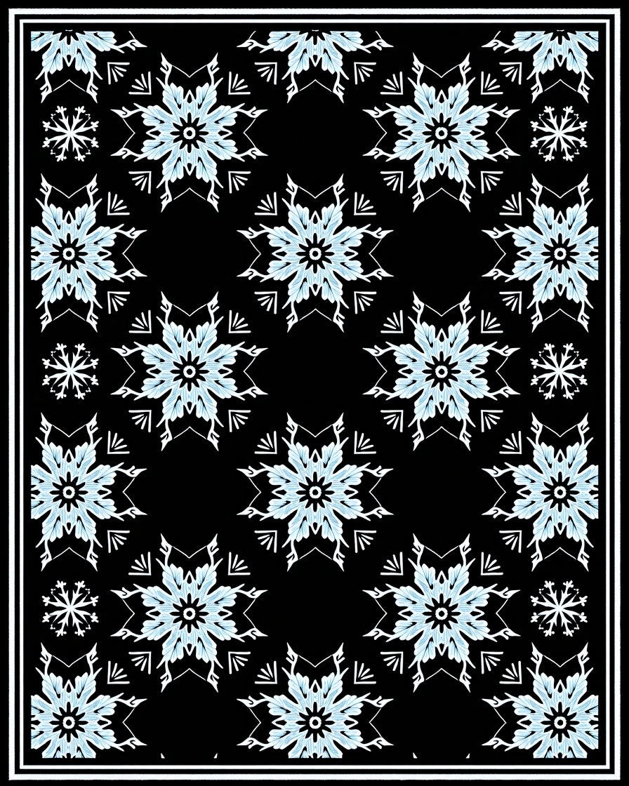 Arctic Blue Snowflake Medallion Black Rug
